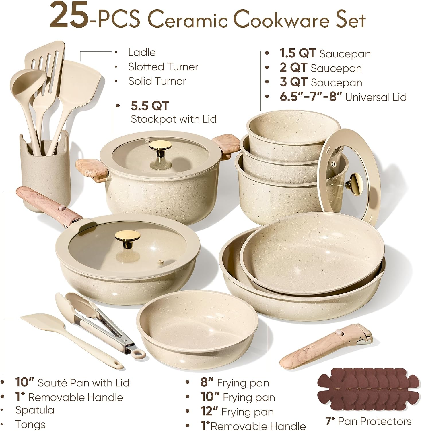 CAROTE 25pcs Ceramic Cookware Set with Detachable Handle - New